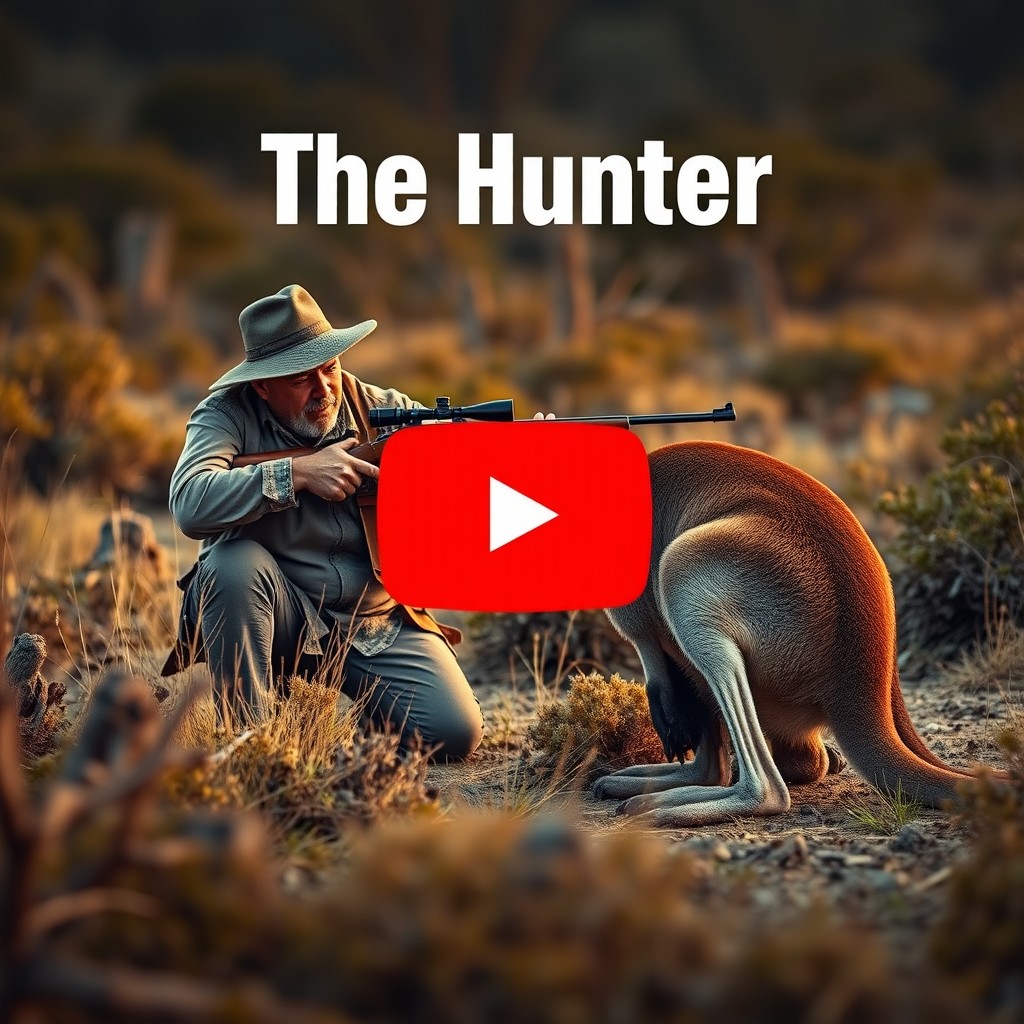 A human hunter kneeling in the Australian wilderness, holding a rifle aimed at a large kangaroo directly in front of him