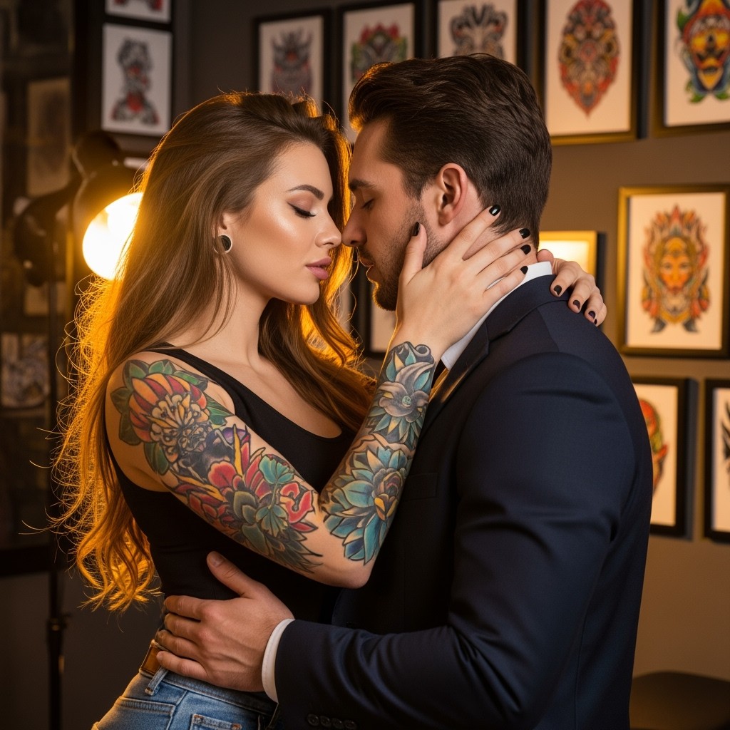 A beautiful woman tattoo artist with striking features, colorful tattoos adorning her arms, and a confident smile, is in a passionate embrace with a handsome businessman dressed in a sleek suit