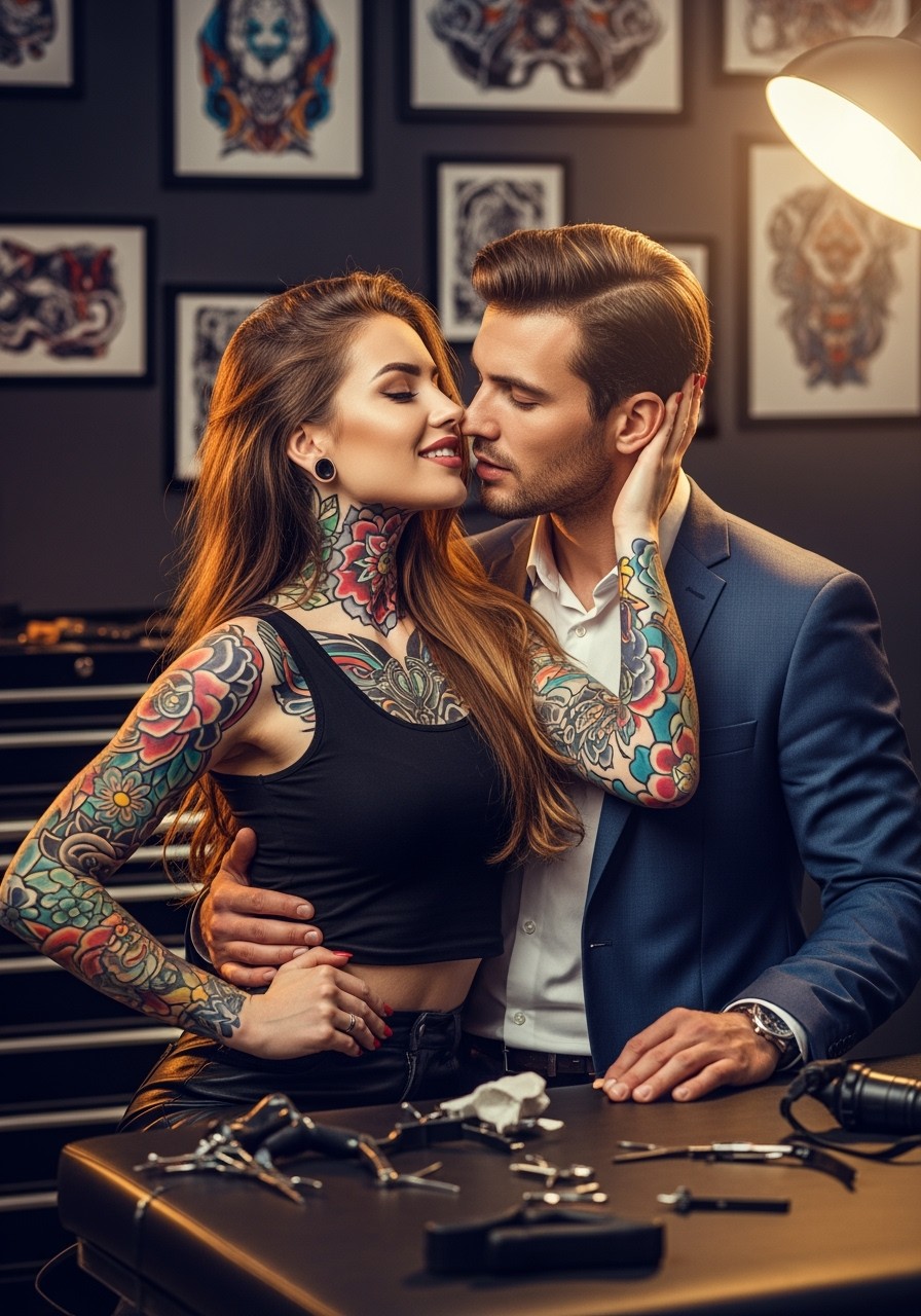 A beautiful tattoo artist with vibrant tattoos covering her arms and neck, portrayed in a steamy embrace with a handsome businessman