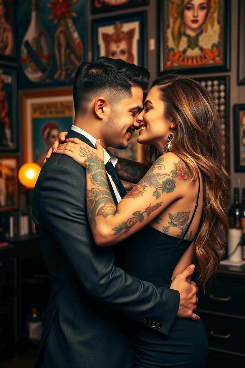 A beautiful tattoo artist with exquisite, colorful tattoos adorning her arms and neck, engaged in a steamy embrace with a handsome businessman