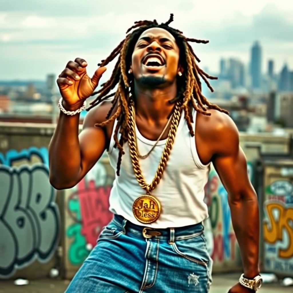 A gangsta rapper with dreadlocks, wearing a white tank top and a large gold chain with a medallion that says "Jah bless"