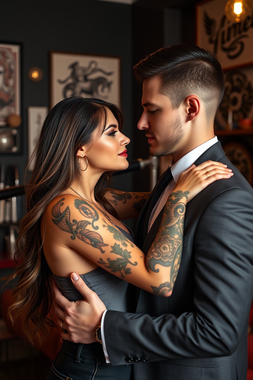 A beautiful tattoo artist with intricate, colorful tattoos on her arms, engaged in a serious romantic embrace with a handsome businessman dressed in a tailored suit