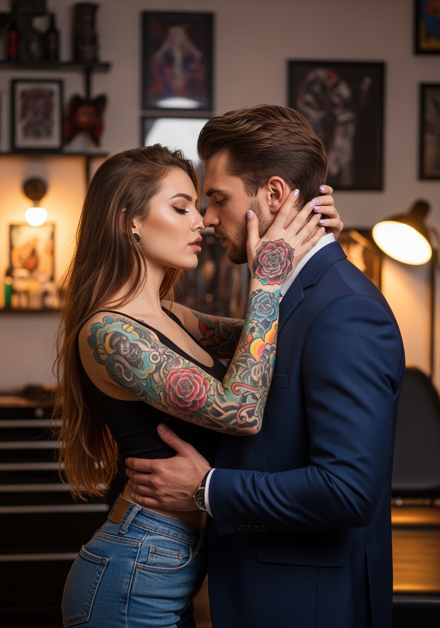 A beautiful tattoo artist with vibrant tattoos showcasing creativity and artistry on her arms, caught in a steamy embrace with a handsome businessman in a sharp, tailored suit