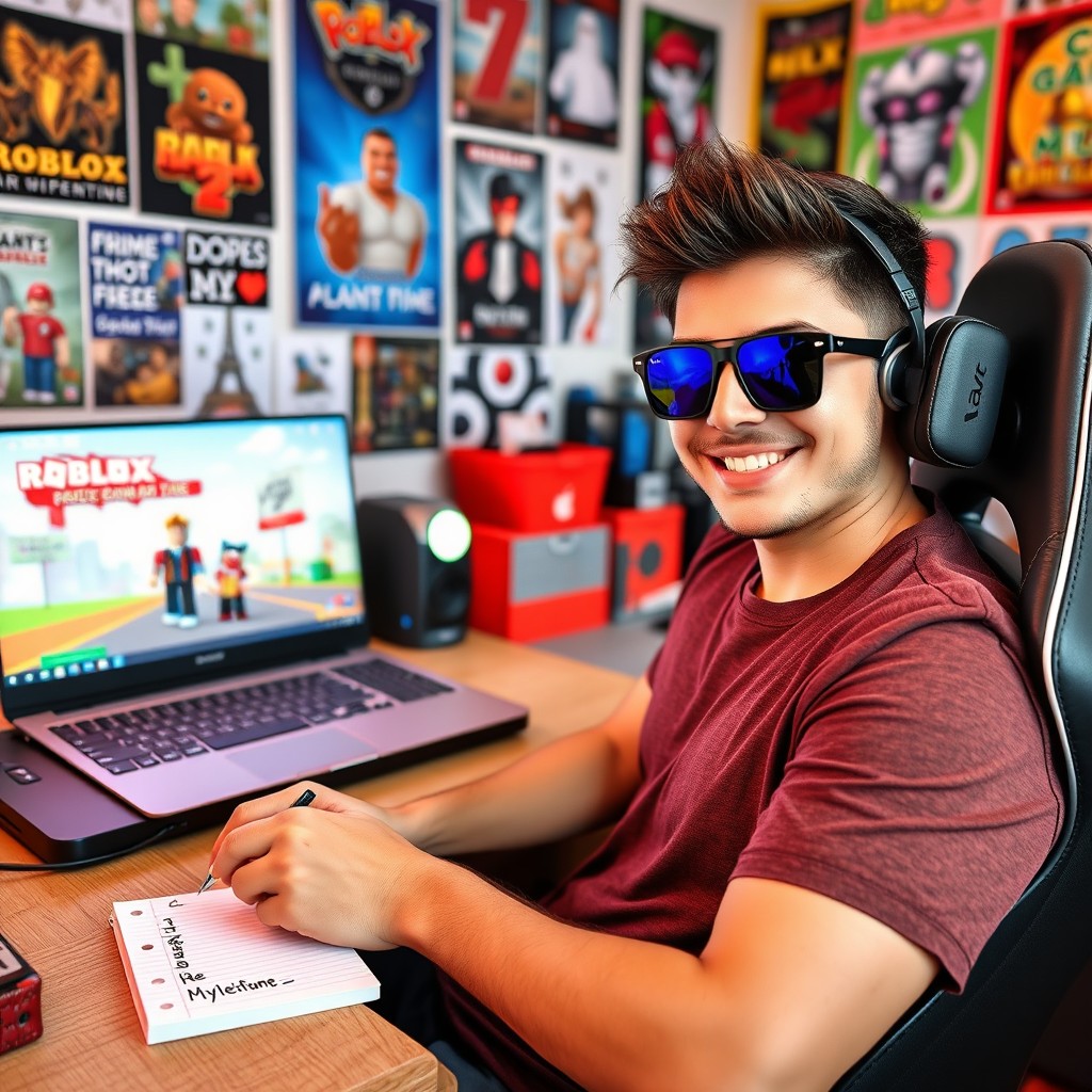 A cool YouTuber with stylish sunglasses and a trendy hat, deeply focused on playing Roblox, showcasing his gaming skills