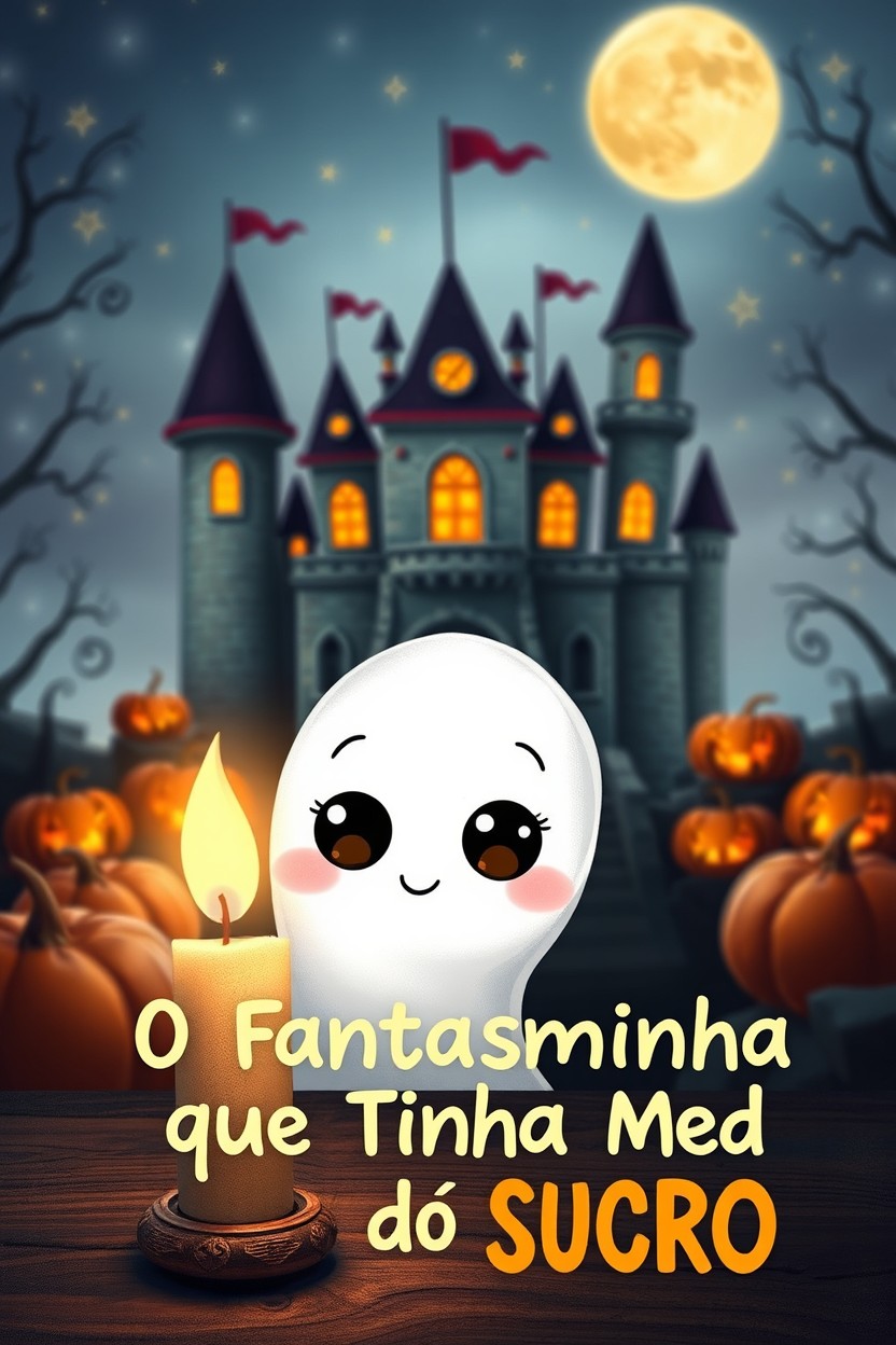 A cute, small white ghost with large, curious eyes peeking out from behind a lit candle