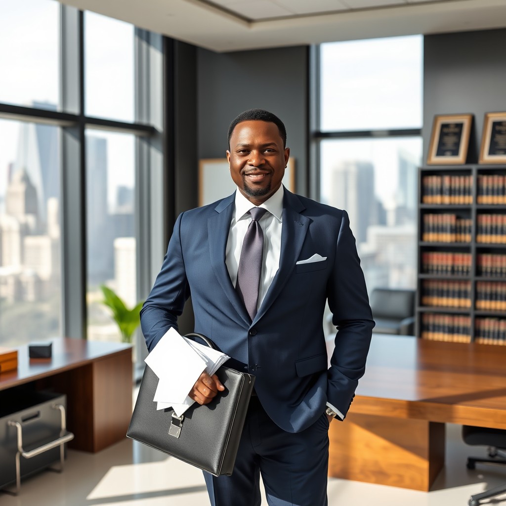 A confident lawyer standing in a sleek, modern office
