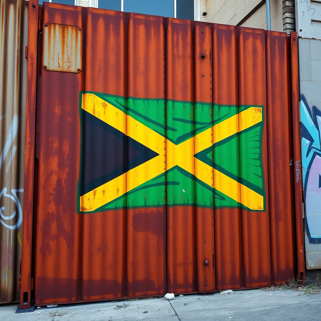 A large wall made of rusty steel sheet metal adorned with vibrant graffiti depicting the Jamaican flag