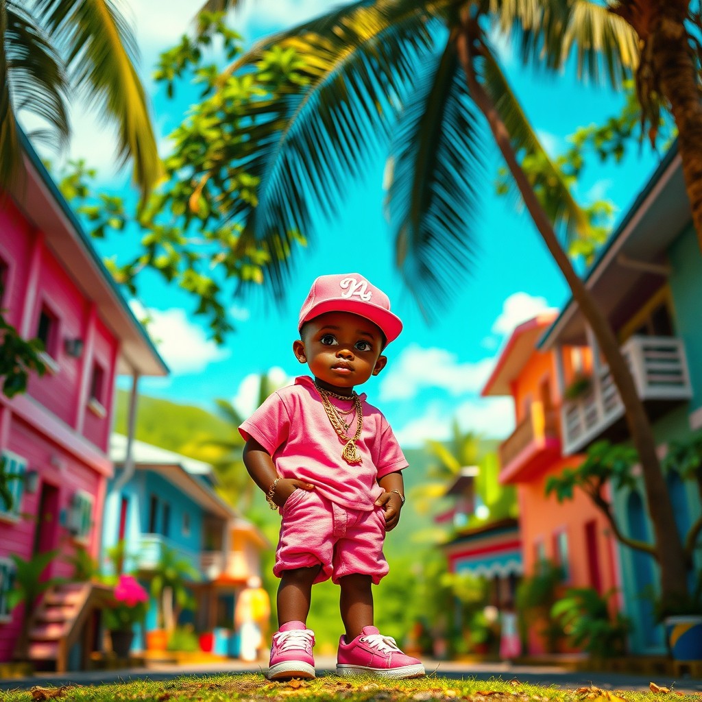 A small gangsta rapper dressed in pink, standing in a vibrant Jamaican landscape
