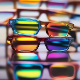 A stack of various optical glasses layered upon each other, reflecting and refracting light, displaying a myriad of vibrant colors and patterns