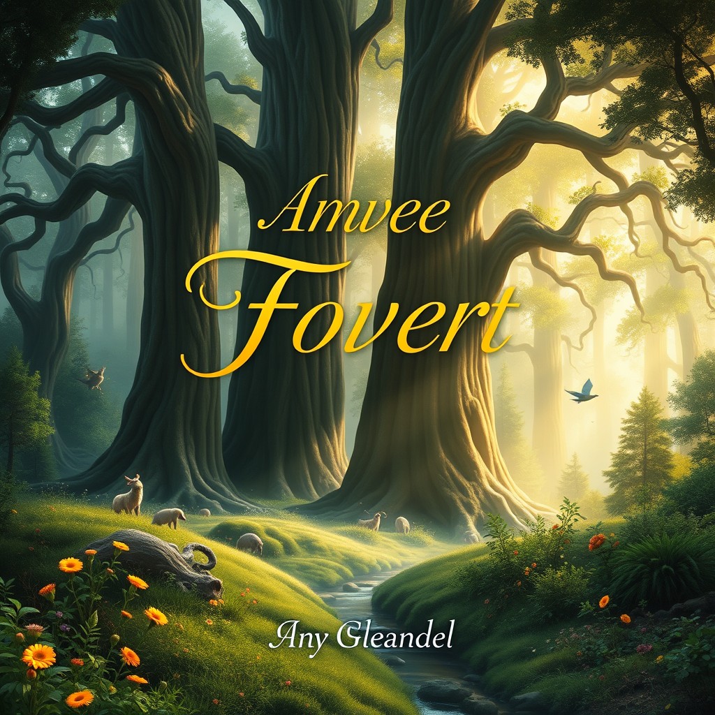 A visually striking book cover design featuring a majestic and mystical forest scene with towering ancient trees and soft, ethereal light filtering through the leaves