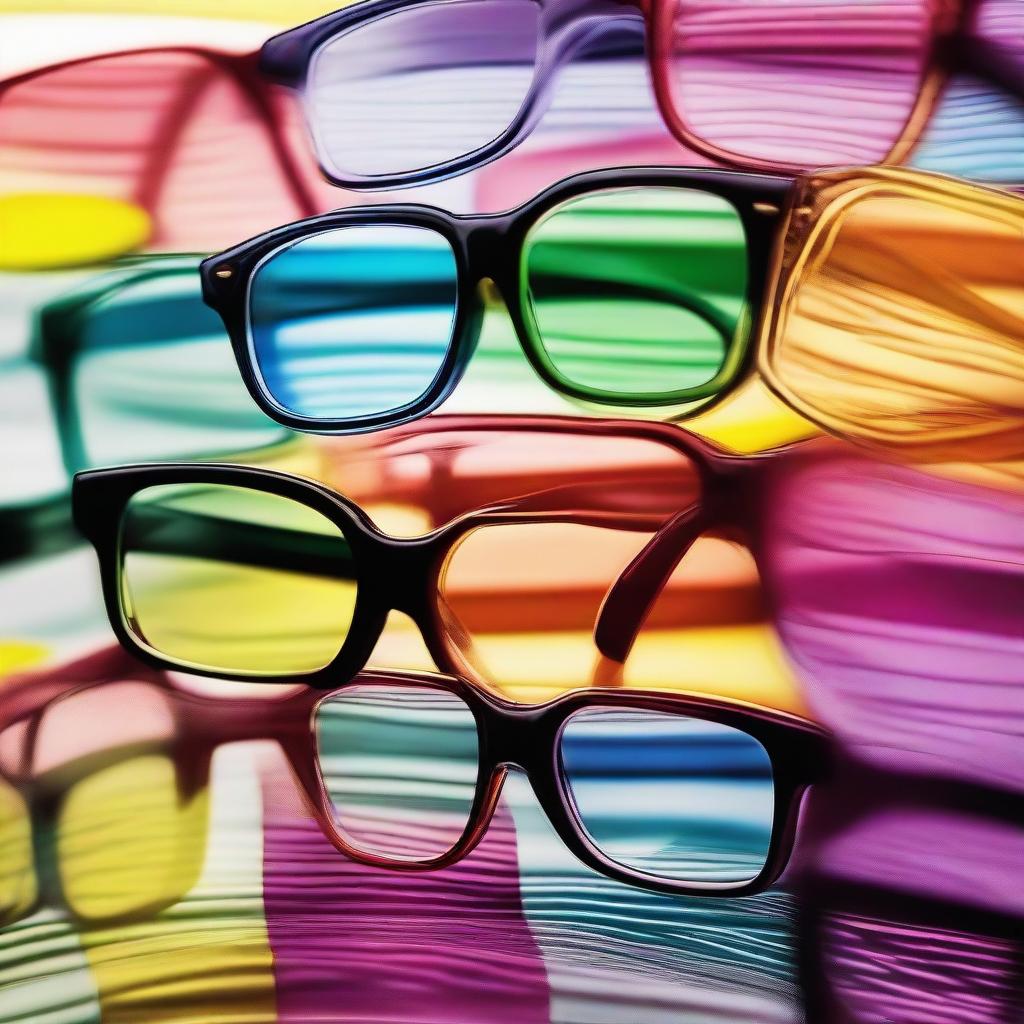 A stack of various optical glasses layered upon each other, reflecting and refracting light, displaying a myriad of vibrant colors and patterns