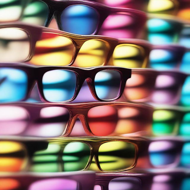 A stack of various optical glasses layered upon each other, reflecting and refracting light, displaying a myriad of vibrant colors and patterns