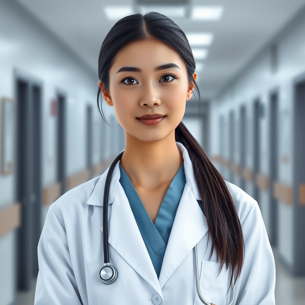 A realistic portrait of a female doctor standing in a modern hospital