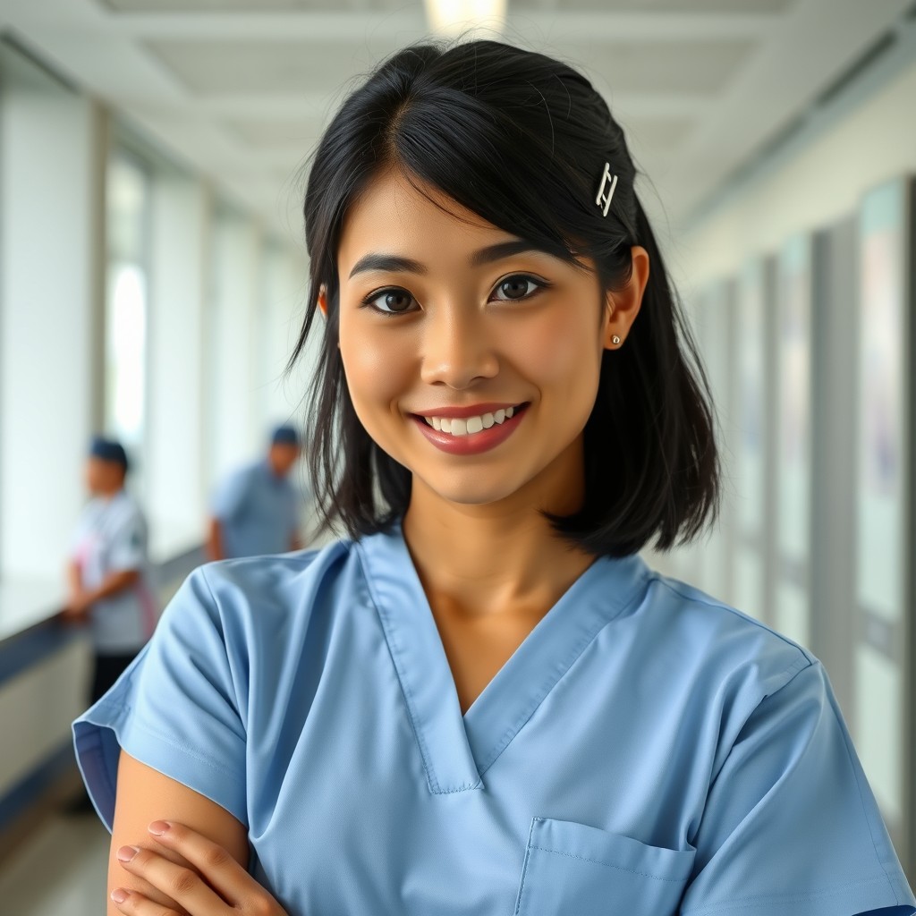 A hospital nurse in a modern setting, showcasing the unique facial features of Sundanese and Manado ethnicities
