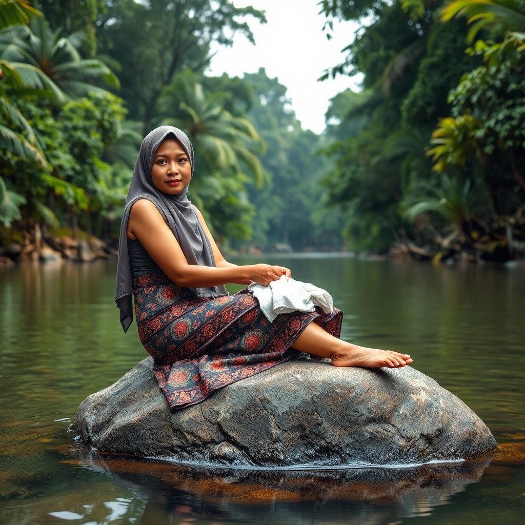 A beautiful Sundanese Indonesian woman with smooth skin is sitting on a large rock in the middle of a clear river, washing clothes
