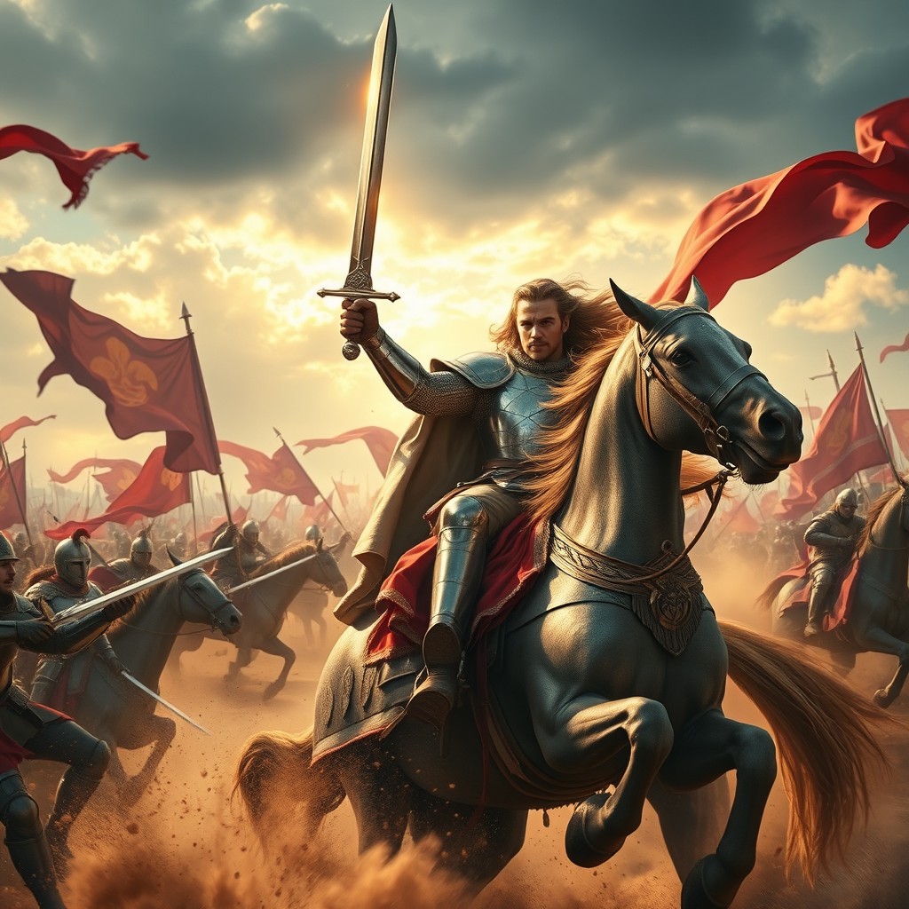 A heroic prince on a majestic steed, clad in gleaming armor, fiercely battling on horseback against a backdrop of a vibrant medieval battlefield