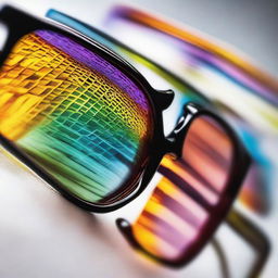 A stack of various optical glasses layered upon each other, reflecting and refracting light, displaying a myriad of vibrant colors and patterns