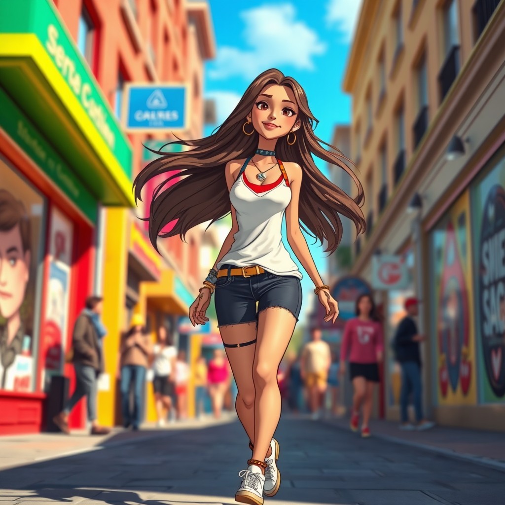 An animated scene featuring a confident young woman walking down a vibrant city street