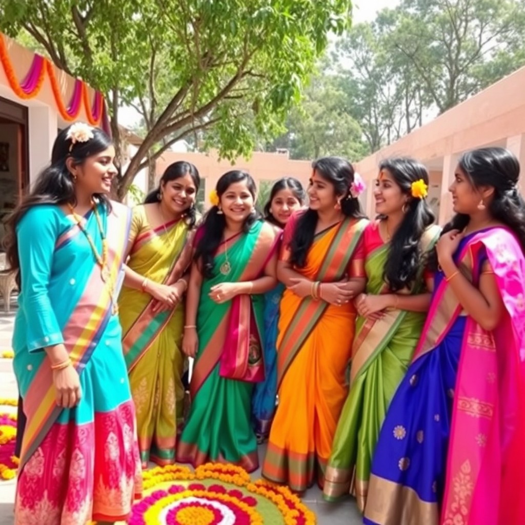 A vibrant scene showcasing a group of Indian girls dressed in traditional attire, such as colorful sarees and lehengas, enjoying a festive celebration