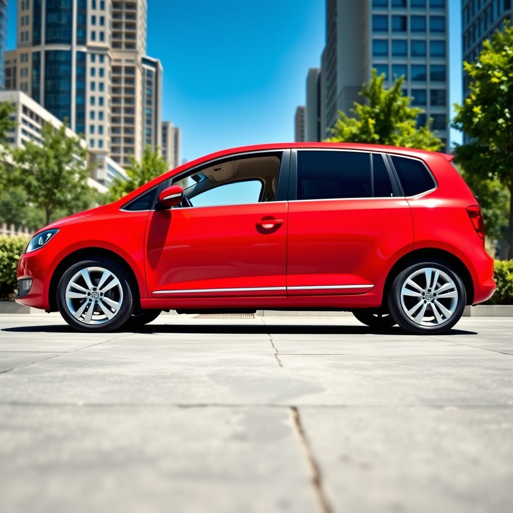 A bright red 2012 Volkswagen Voyage parked in a modern urban setting