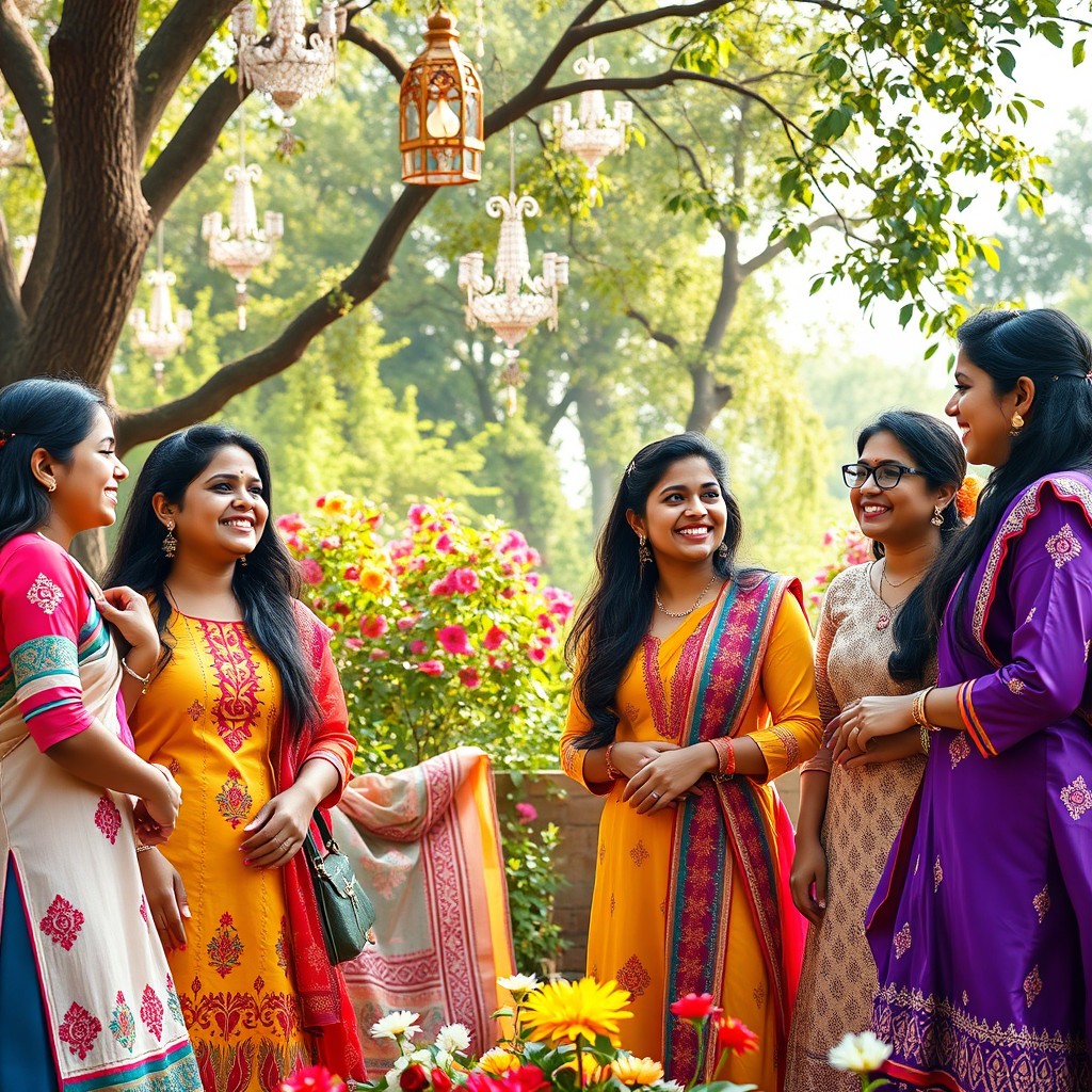 A lively scene depicting a group of Indian girls engaging in a vibrant conversation outdoors