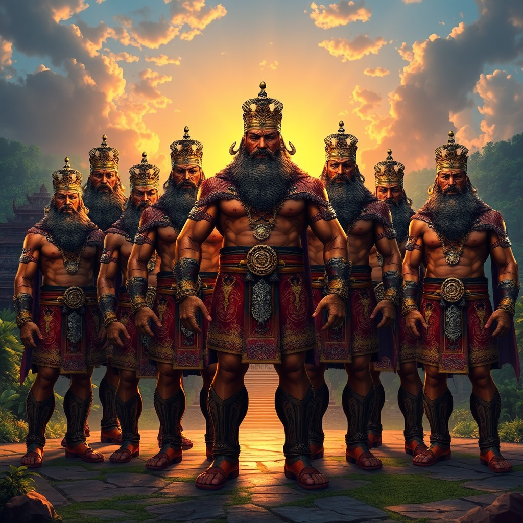 A majestic scene depicting the ten giants of King Dutugemunu from ancient Sri Lanka, representing strength and bravery
