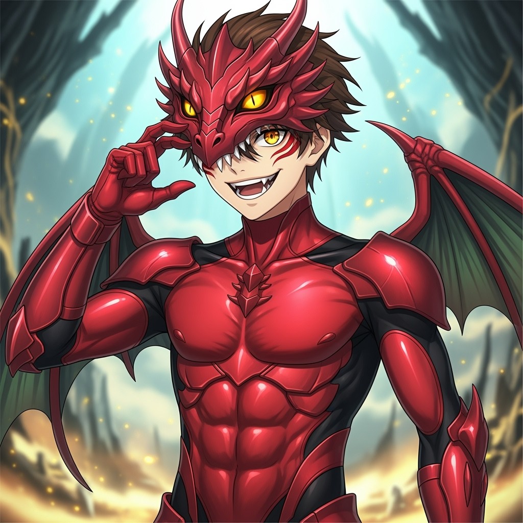 An anime boy with brown hair and striking golden dragon eyes, confidently wearing a sleek dragon mask and form-fitting compression dragon armor that resembles a body suit