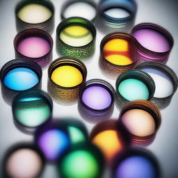 A collection of different optical lenses layered on top of each other, showcasing a spectrum of light refractions and intricate patterns