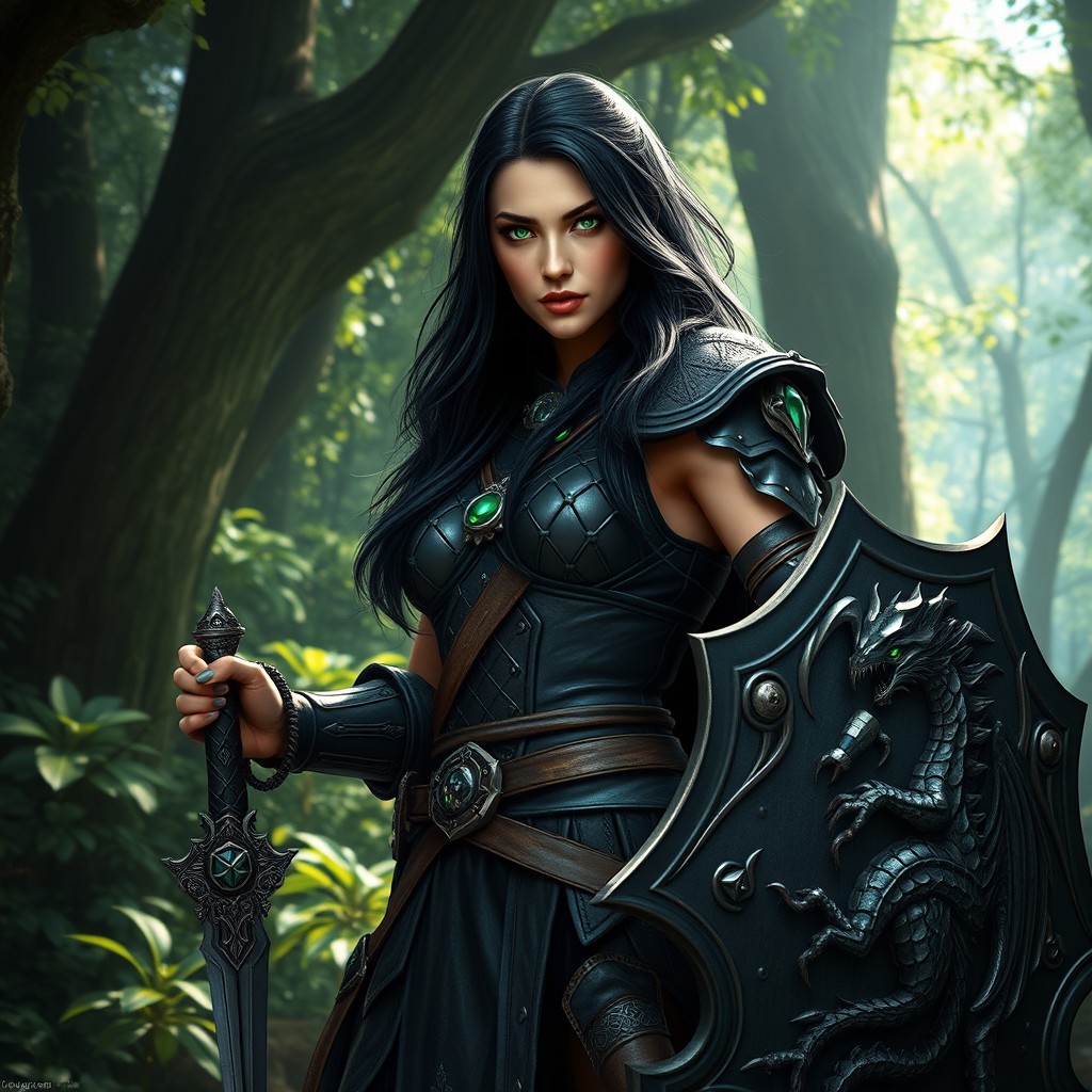 A striking fantasy warrior woman, tall and muscular, standing in an ancient forest