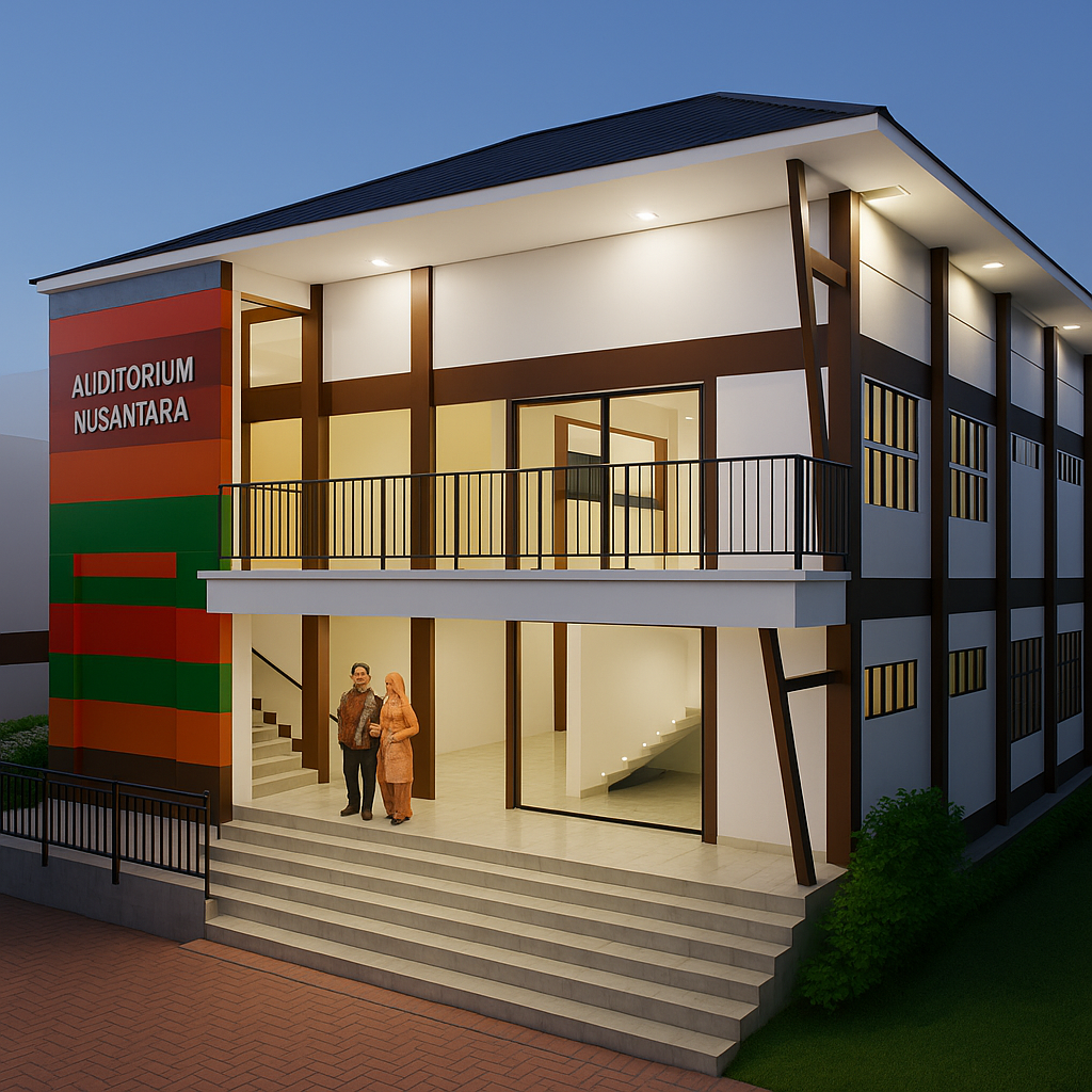 A picturesque architectural rendering of a modern auditorium building