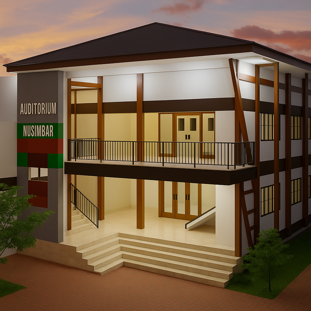 A stunning architectural rendering of a modern auditorium building at sunset