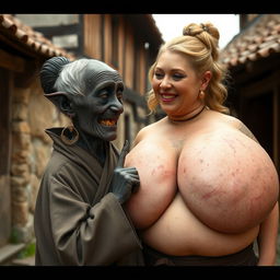 In a medieval village, a tiny elderly woman roughly 1 meter tall, resembling a dwarf, is portrayed as a black African with very dark skin and an emaciated body