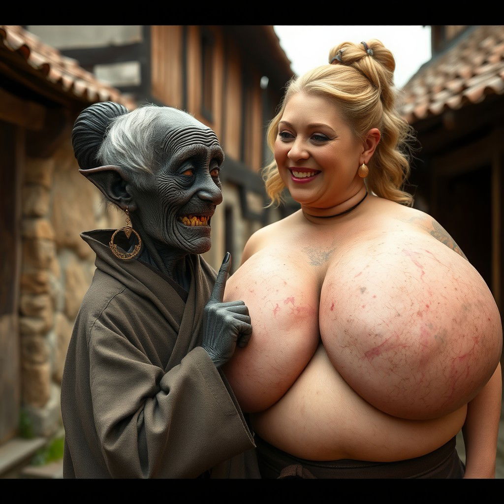 In a medieval village, a tiny elderly woman roughly 1 meter tall, resembling a dwarf, is portrayed as a black African with very dark skin and an emaciated body