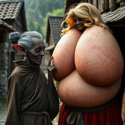 In a medieval village, a tiny elderly woman roughly 1 meter tall, resembling a dwarf, is portrayed as a black African with very dark skin and an emaciated body