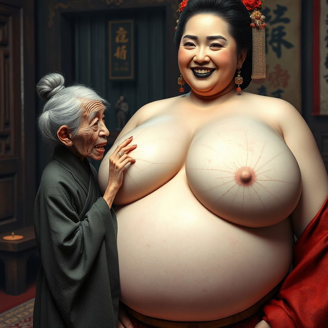 In a medieval Chinese room, a tiny, extremely small and malnourished elderly Chinese woman, depicted as malevolent, has rotten teeth and is dressed in a long, closed Buddhist robe