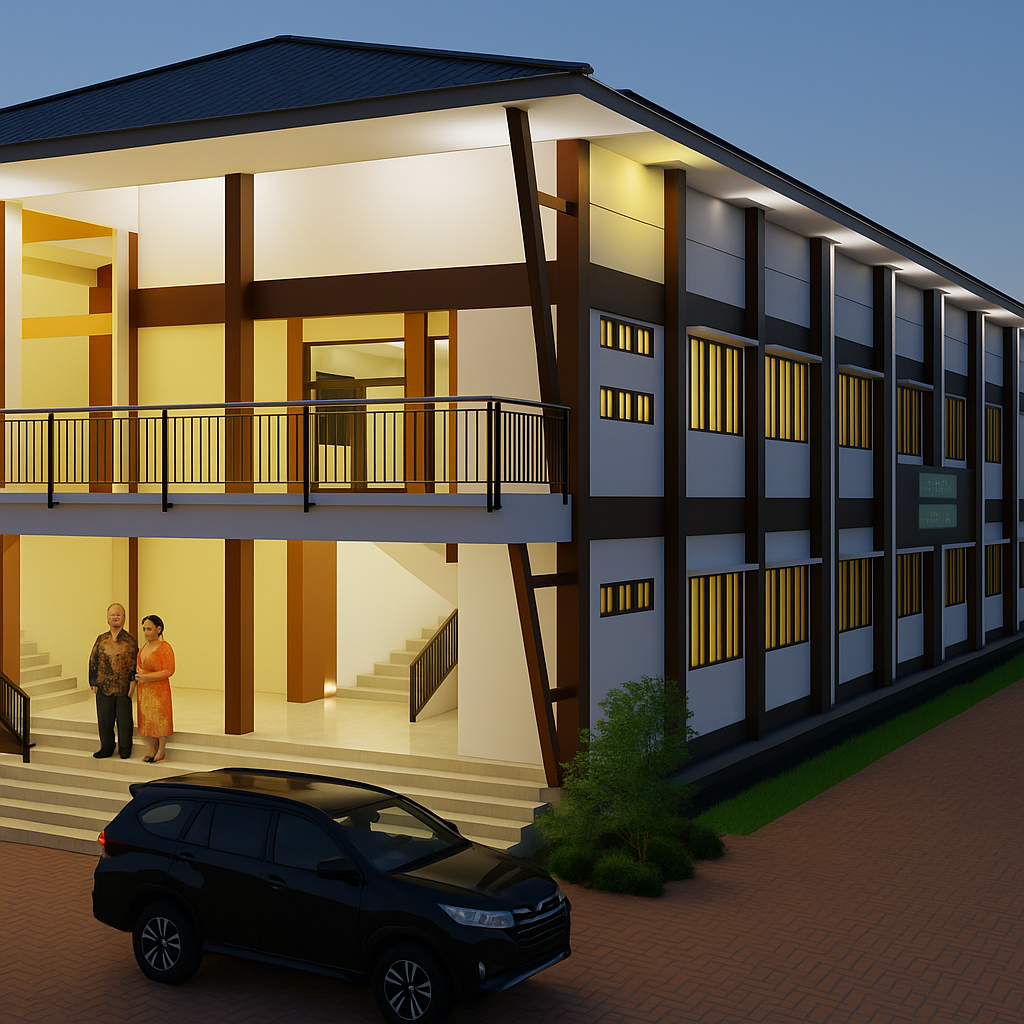 A modern architectural rendering of an auditorium building during early evening