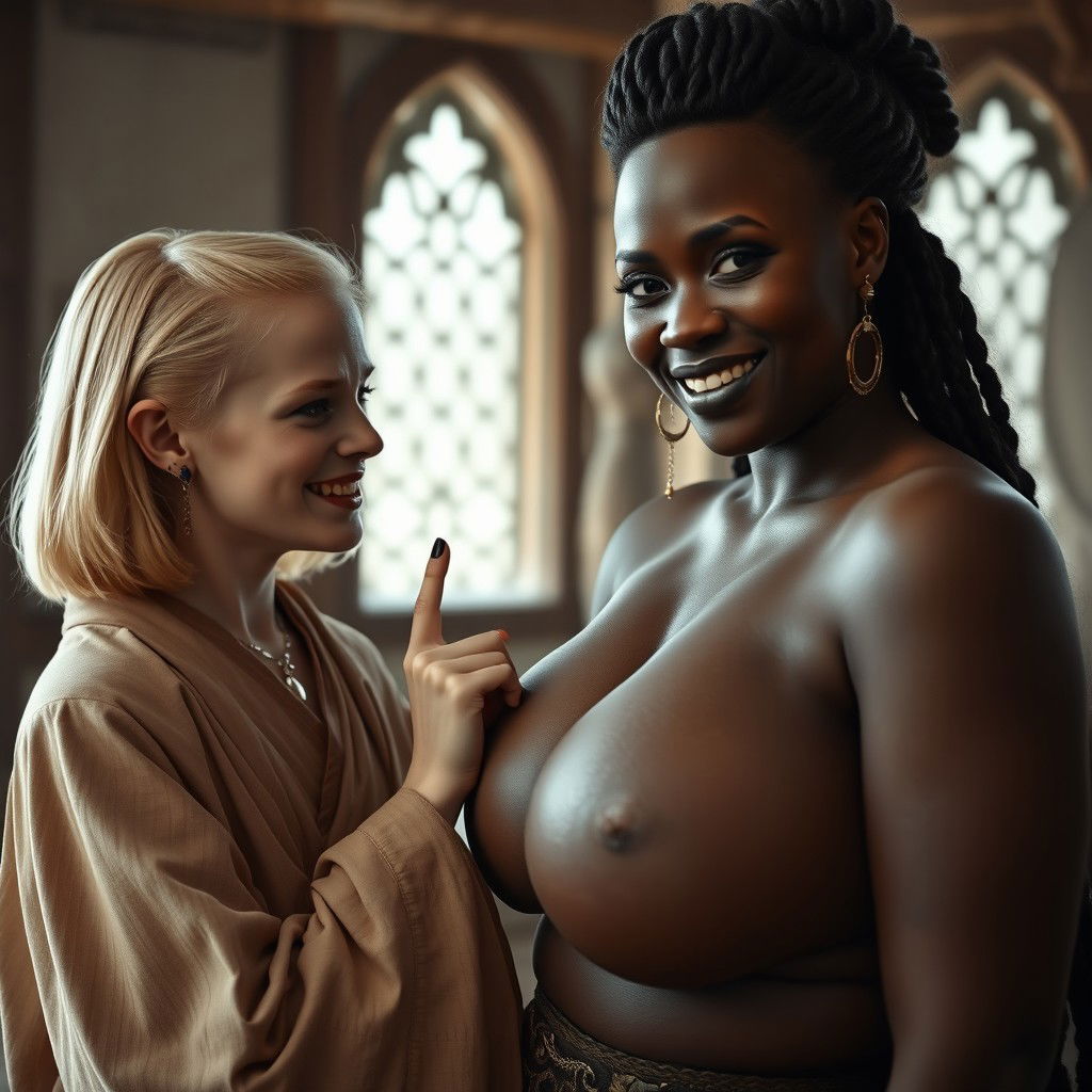 In a medieval room, a young petite blonde woman, emaciated with sharp, decayed teeth, wears a long, closed Buddhist robe and has medium-length blonde hair styled elegantly