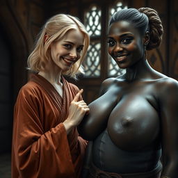 In a medieval room, a young petite blonde woman, emaciated with sharp, decayed teeth, wears a long, closed Buddhist robe and has medium-length blonde hair styled elegantly