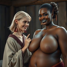 In a medieval room, a young petite blonde woman with an emaciated body and a mischievous grin wears a long, closed Buddhist robe, with medium-length blonde hair and medieval earrings