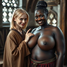 In a medieval room, a young petite blonde woman with an emaciated body and a mischievous grin wears a long, closed Buddhist robe, with medium-length blonde hair and medieval earrings