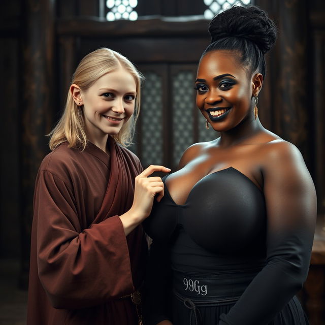 In a medieval room, a young petite blonde woman with an emaciated body and a mischievous grin wears a long, closed Buddhist robe, with medium-length blonde hair and medieval earrings