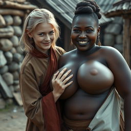 In a poor medieval village, a young petite blonde woman with an emaciated body and a wicked smile wears a long, closed Buddhist robe with a high collar, and has medium-length blonde hair adorned with medieval earrings