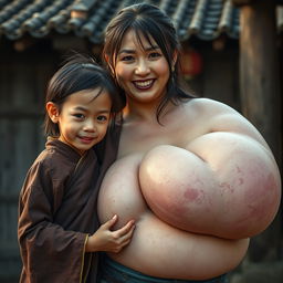 In a medieval Chinese village, a young Indonesian woman stands at just 1 meter tall, characterized by her small stature and malnourished physique