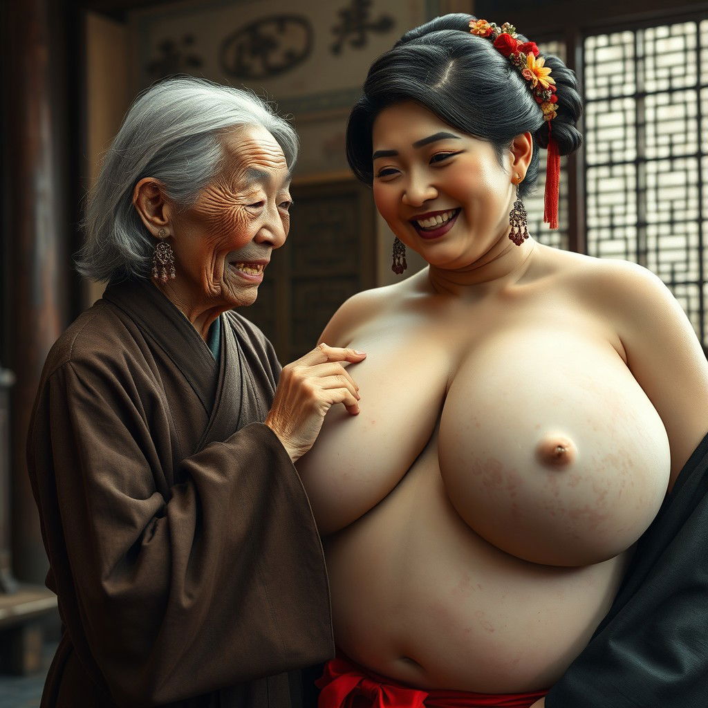 In a medieval Chinese room, a very petite elderly Chinese woman with a malnourished body and sharp, decayed teeth is dressed in a long, completely closed Buddhist robe