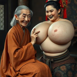 In a medieval Chinese room, a very petite elderly Chinese woman with a malnourished body and sharp, decayed teeth is dressed in a long, completely closed Buddhist robe