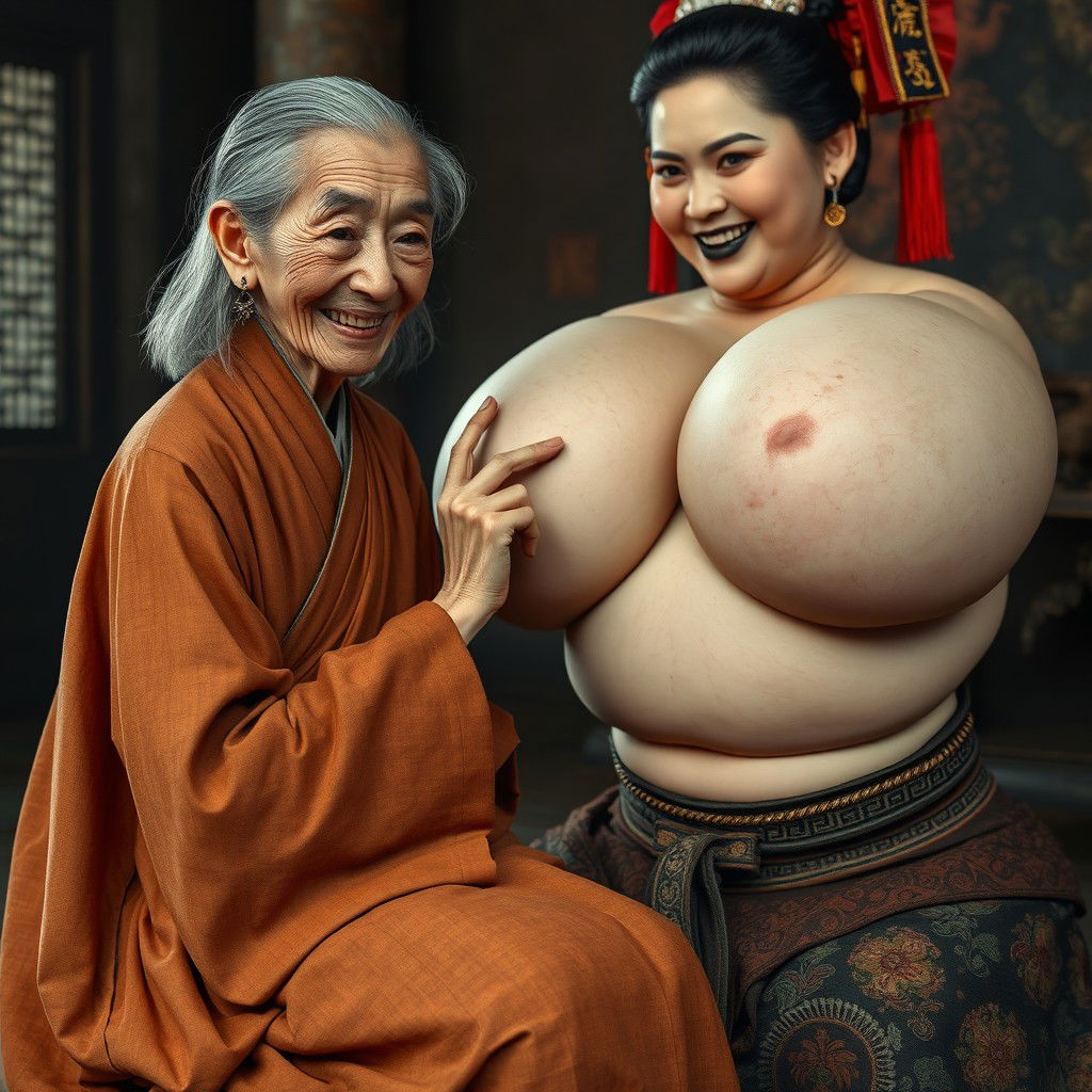 In a medieval Chinese room, a very petite elderly Chinese woman with a malnourished body and sharp, decayed teeth is dressed in a long, completely closed Buddhist robe