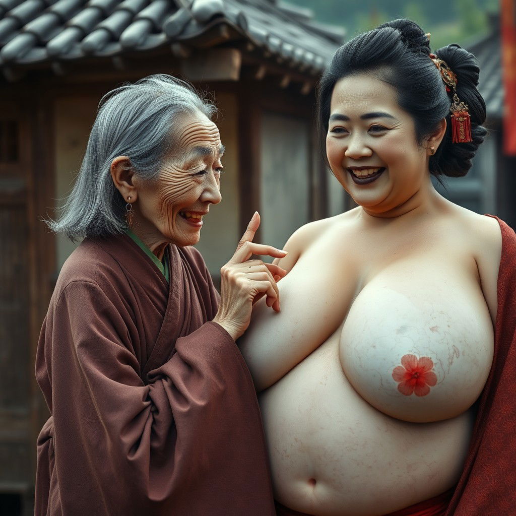 In a medieval Chinese village, a very petite elderly Chinese woman with a malnourished body and sharp, decayed teeth is dressed in a long, completely closed Buddhist robe