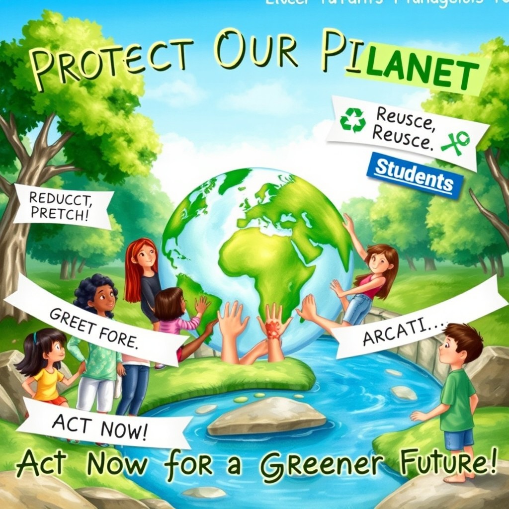 A vibrant and engaging poster illustrating environmental awareness among students