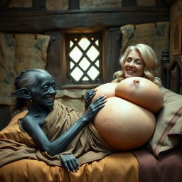 Lying on a medieval bed in a quaint medieval room, a very small, elderly goblin woman measuring 1 meter tall, reminiscent of a dwarf