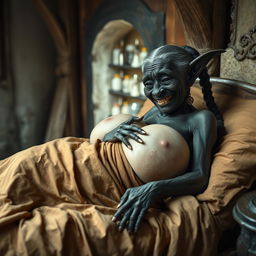 Lying on a medieval bed in a quaint medieval room, a very small, elderly goblin woman measuring 1 meter tall, reminiscent of a dwarf